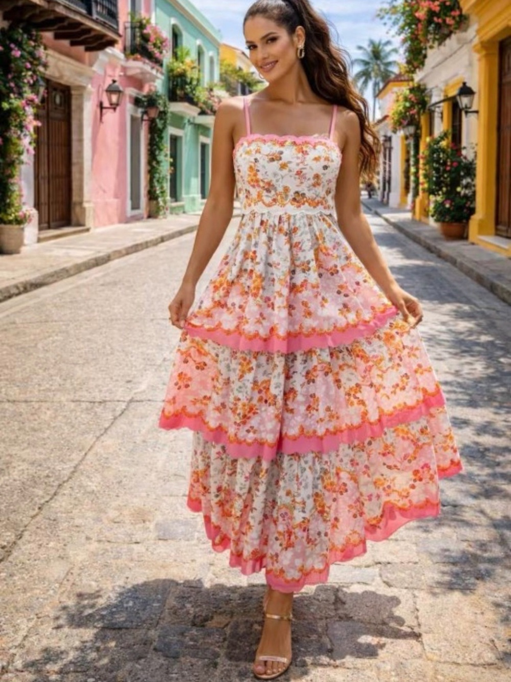 Floral Tiered Midi Dress with Pink Trim